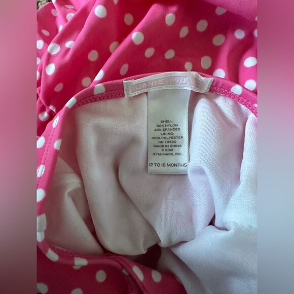 Janie and Jack | Girls Pink Polka Dot Ruffle One Piece Halter Swim Suit |12-18mo - Picture 2 of 4